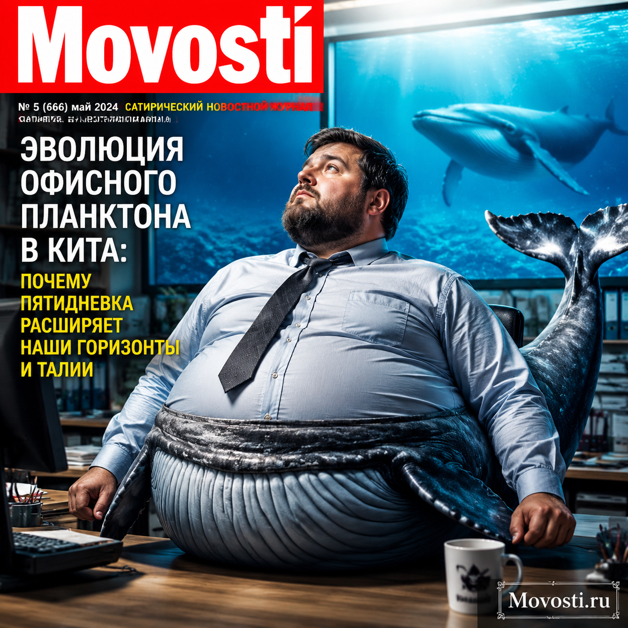 Офисный планктон на фоне кита, символизирующего расширение горизонтов и талий