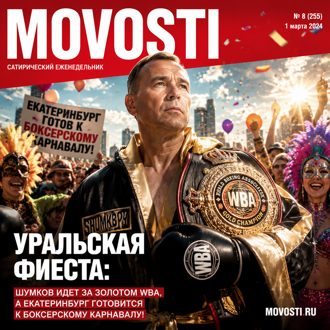 Боксер Шумков на фоне Екатеринбурга, готовящегося к карнавальному боксу