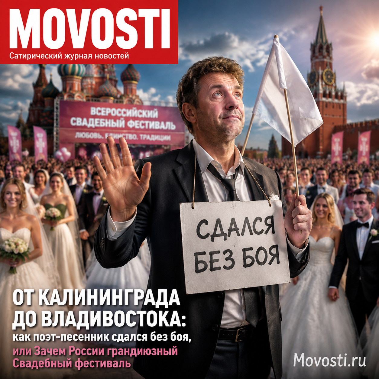 Поэт-песенник, символизирующий культурное единство России от Калининграда до Владивостока на фоне свадебного фестиваля.