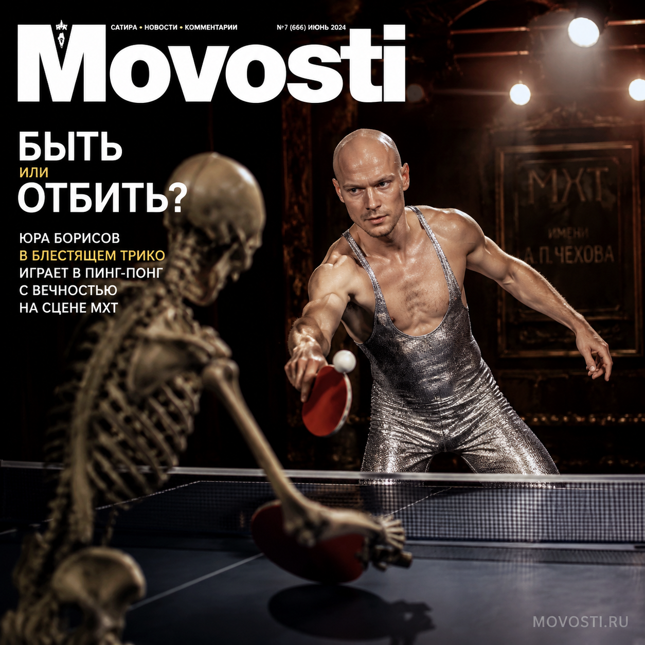 Юра Борисов играет в пинг-понг на сцене МХТ в блестящем трико.