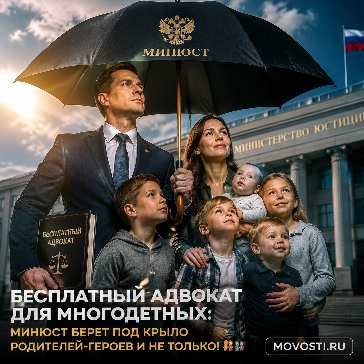 Изображение, иллюстрирующее бесплатную юридическую помощь для многодетных семей.