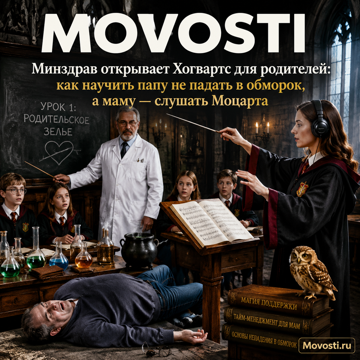 Изображение родителей на уроке в Хогвартсе, папа в обмороке, мама слушает Моцарта