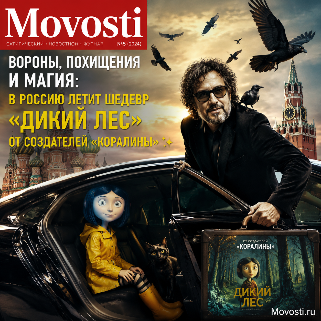 Постер фильма Дикий лес, изображающий воронов в волшебном лесу.