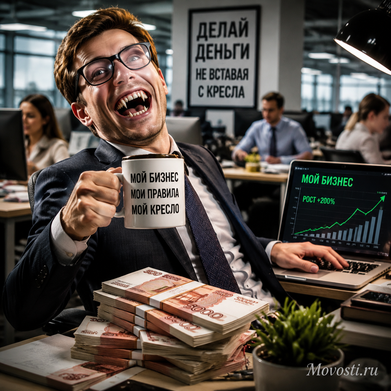 Изображение офисного работника, который тайно занимается бизнесом, сидя за рабочим столом.