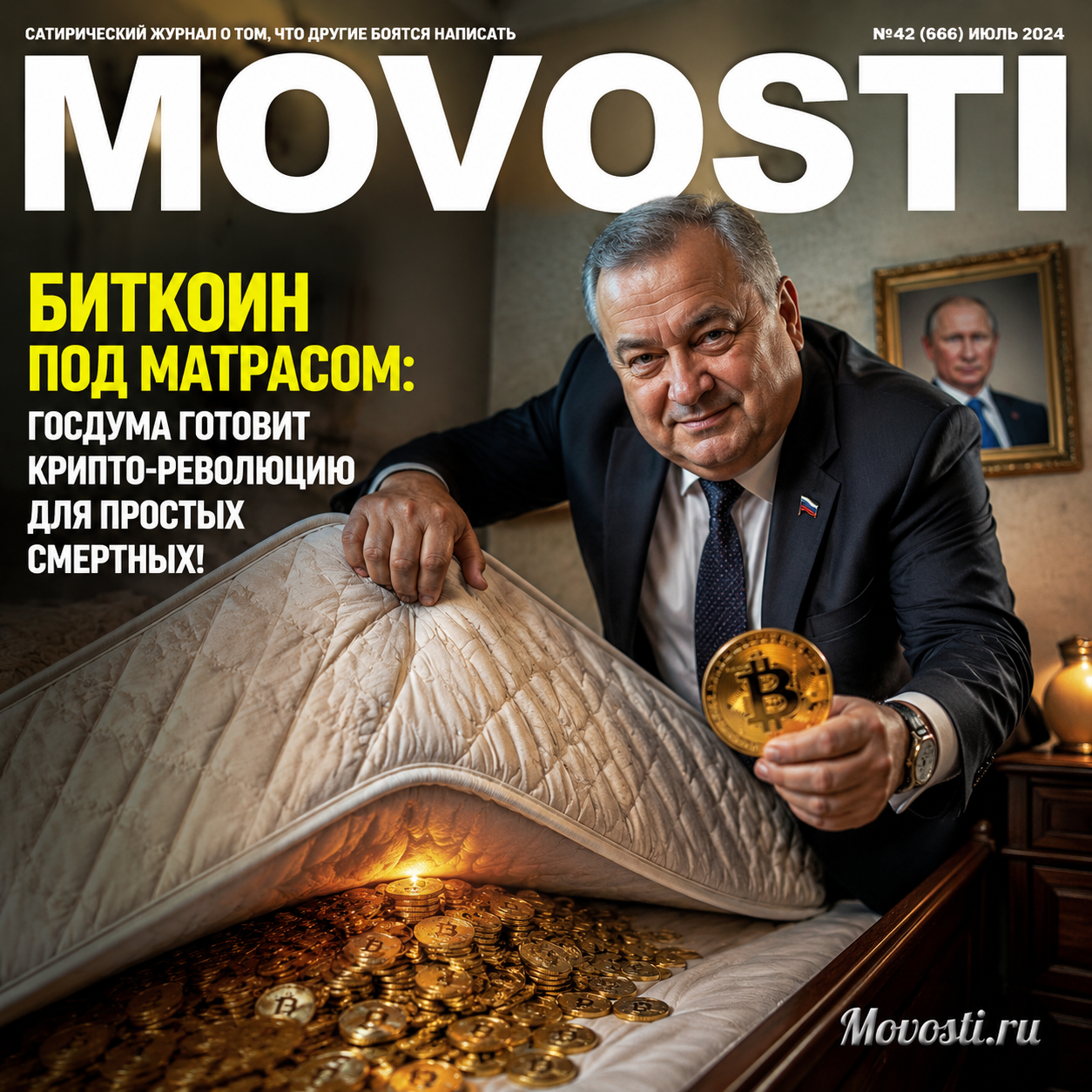 Изображение биткоина под матрасом, символизирующее новый подход к криптовалютам в России.