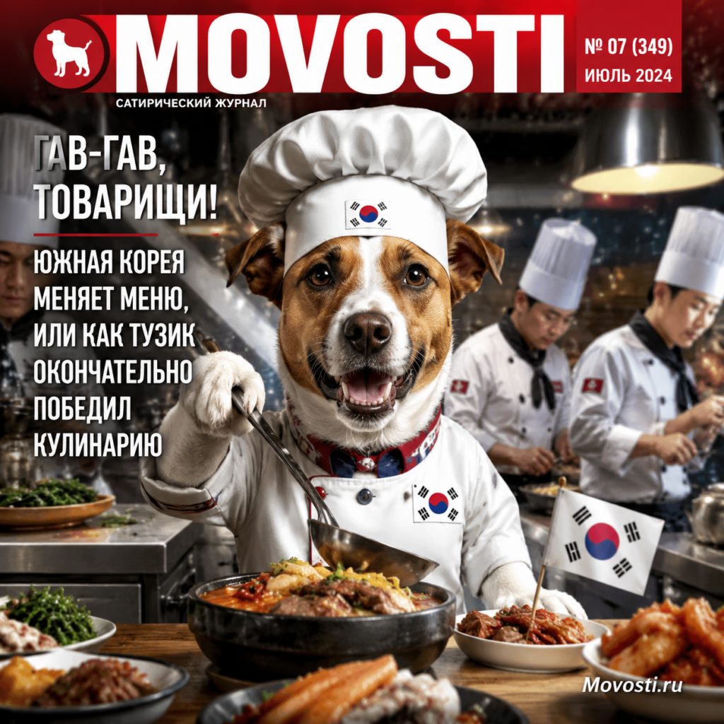 Иллюстрация, изображающая собаку Тузика, которая влияет на кулинарию Южной Кореи