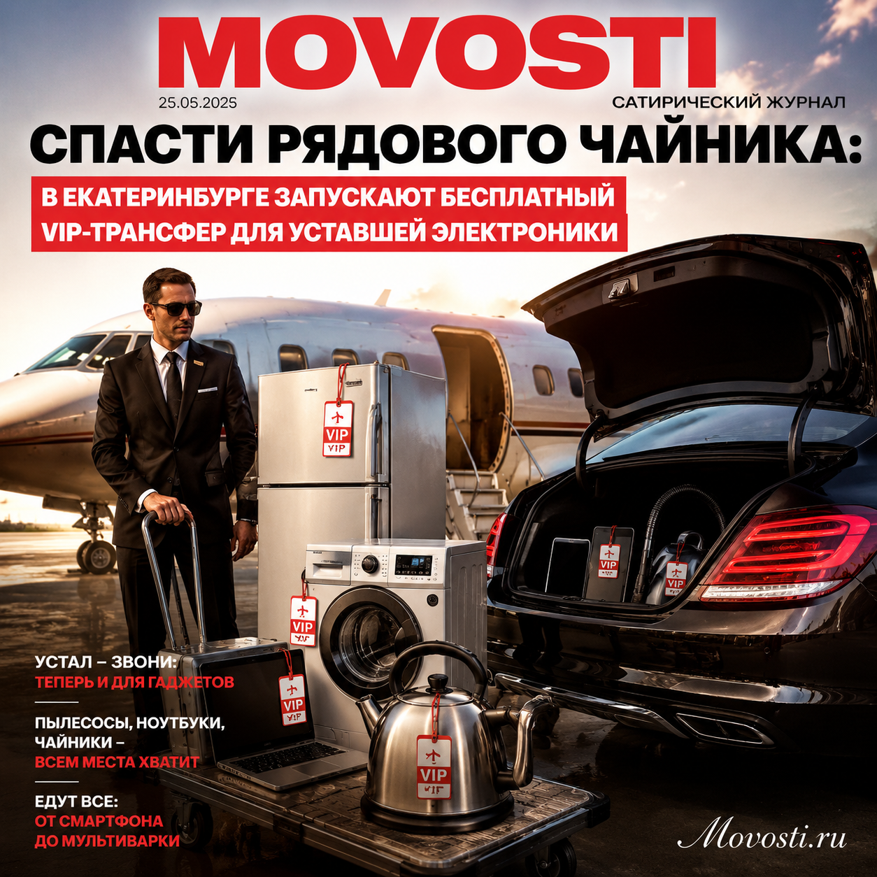 Плакат о запуске бесплатного VIP-трансфера для уставшей электроники в Екатеринбурге