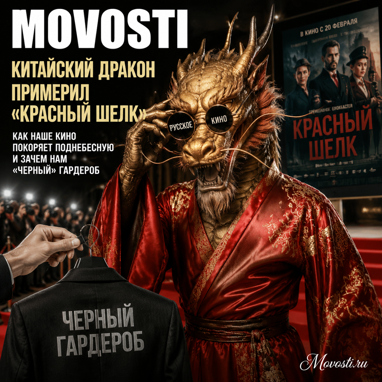 Изображение китайского дракона в красном шелке, символизирующее влияние русского кино в Китае.