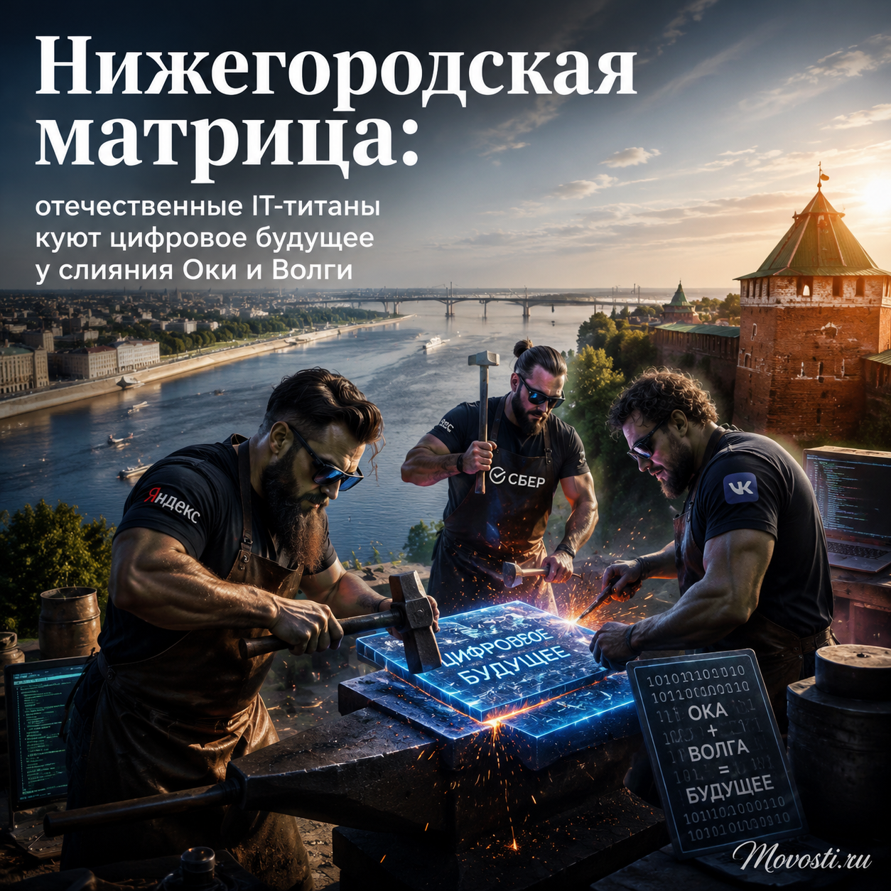 Слияние рек Ока и Волга с символами отечественных IT-технологий