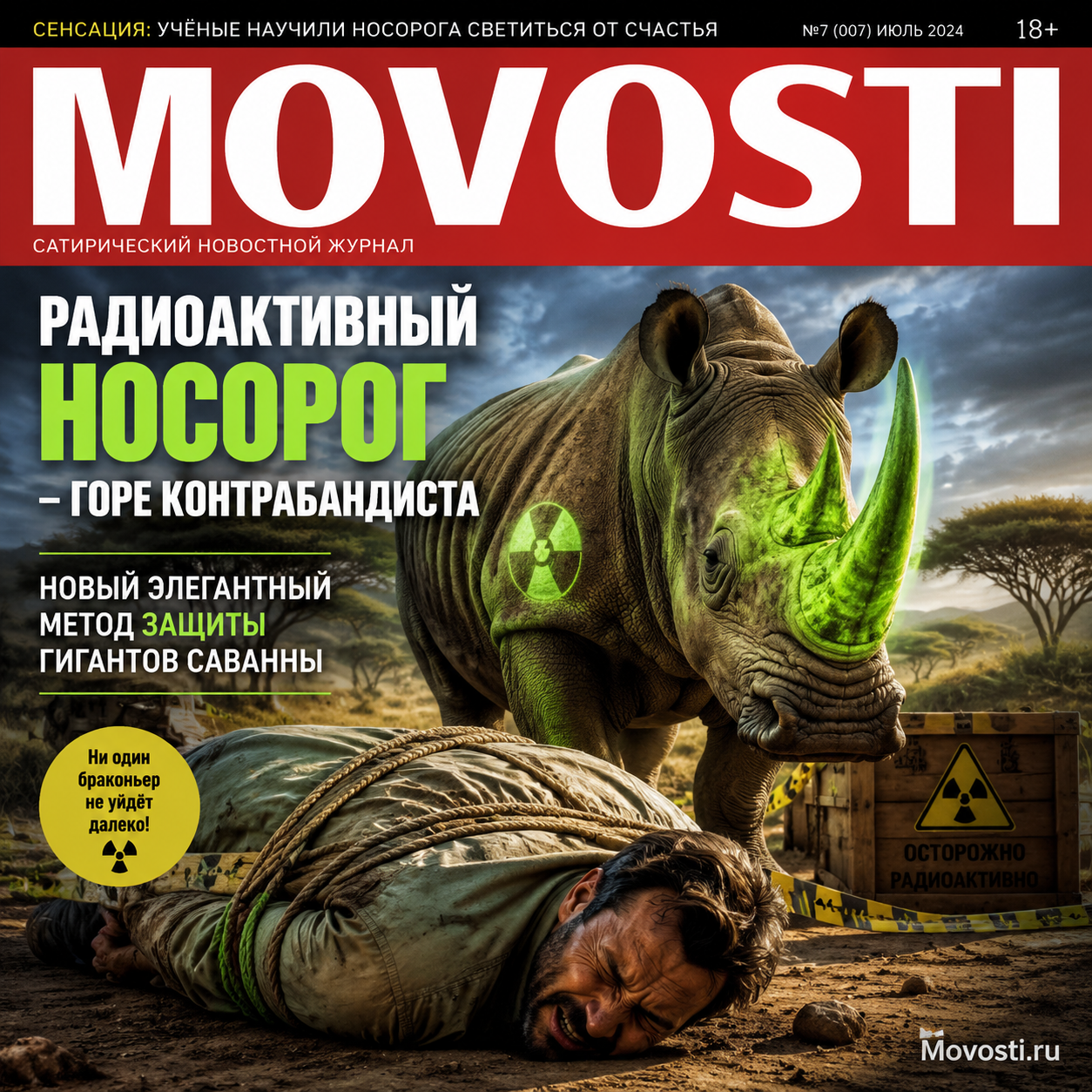 Изображение радиоактивного носорога, символизирующего новую элегантную защиту диких животных.