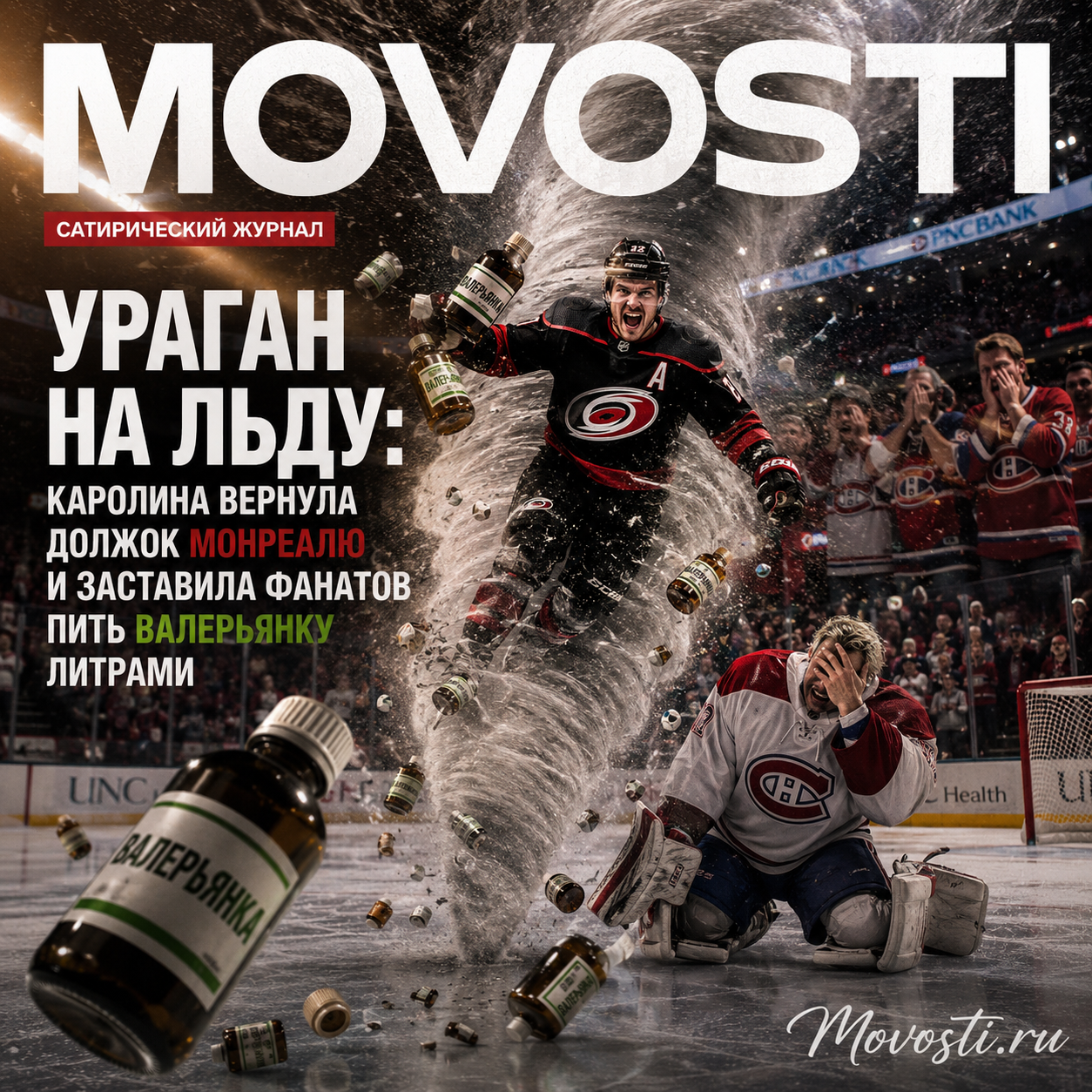 Хоккейный матч между Каролиной и Монреалем, с изображением радостных фанатов и напряженной игры на льду.