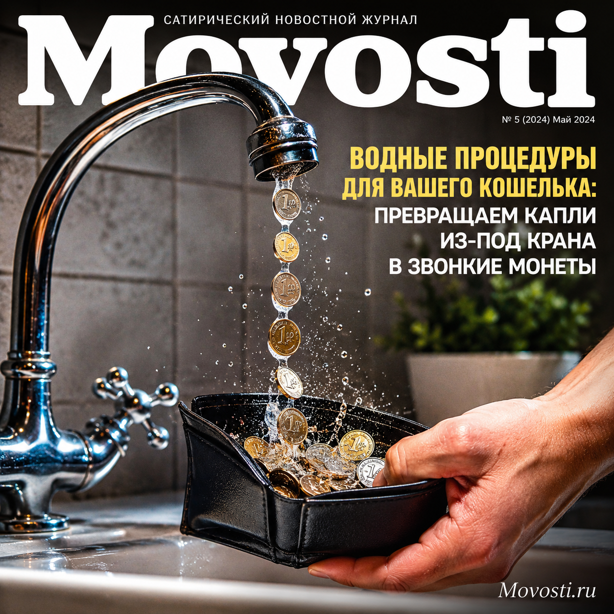 Капли воды из крана, превращающиеся в монеты
