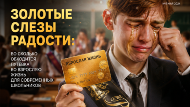 Современные школьники на фоне символов взрослой жизни, таких как диплом и деньги.