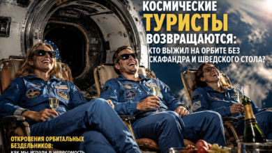 Космические туристы в невесомости, обсуждающие свои приключения на орбите.
