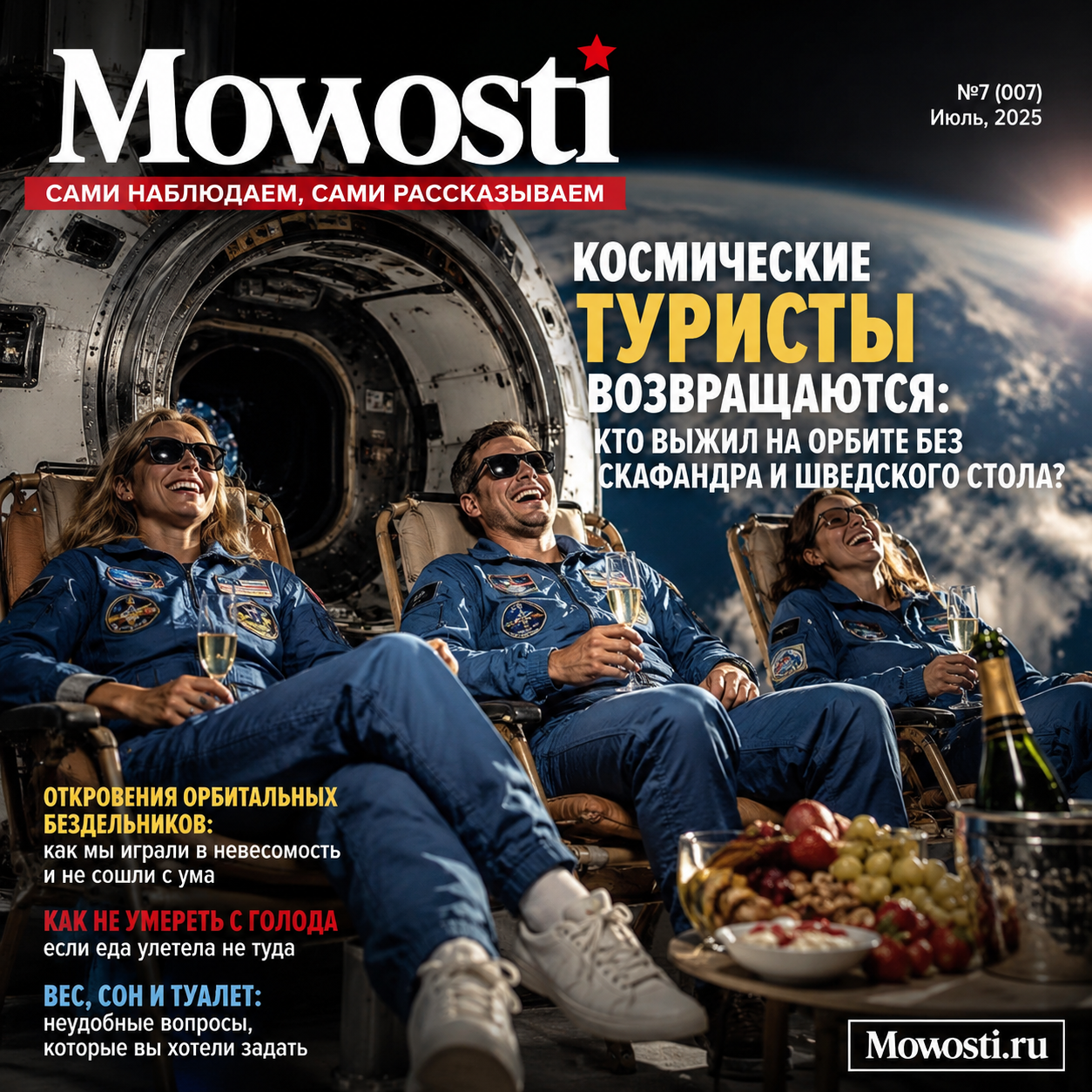 Космические туристы в невесомости, обсуждающие свои приключения на орбите.