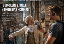 Смартфон в руках человека, показывающий исторические объекты на фоне города.