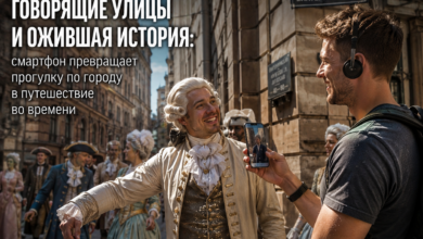 Смартфон в руках человека, показывающий исторические объекты на фоне города.