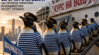 Пингвины на берегу реки Волга