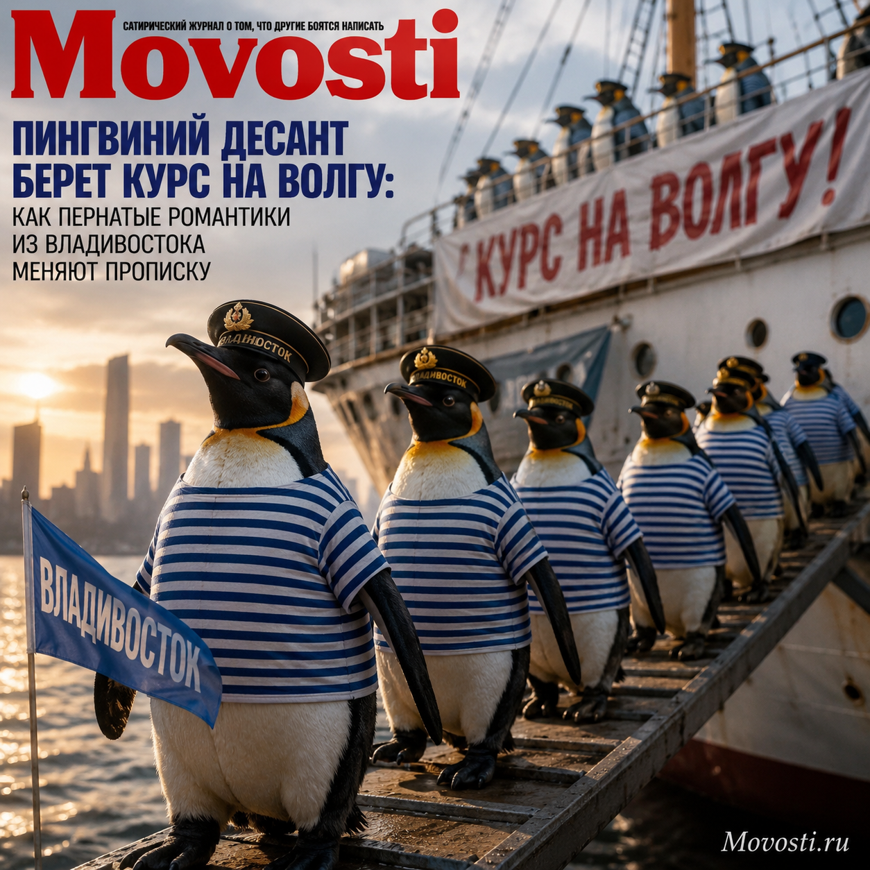 Пингвины на берегу реки Волга