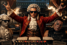 Изображение, символизирующее ElevenLabs Music V2, с элементами классической и рок-музыки.