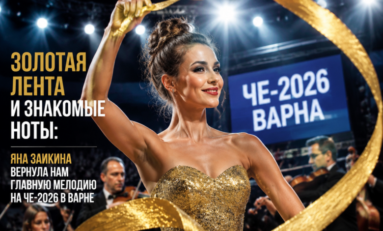 Яна Заикина с золотой лентой на фоне музыки ЧЕ-2026