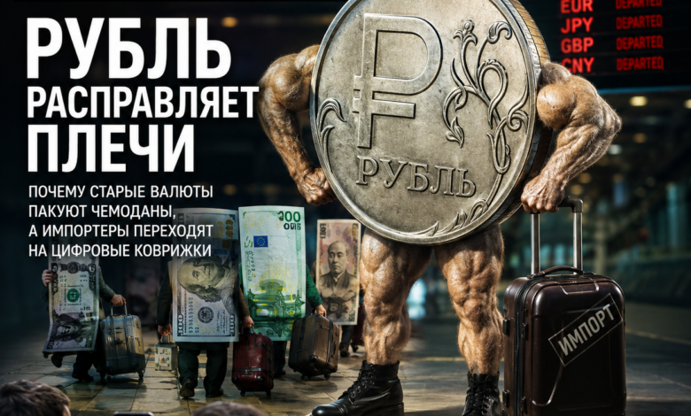 Изображение, иллюстрирующее изменение валютных тенденций с акцентом на рубль и цифровые валюты.