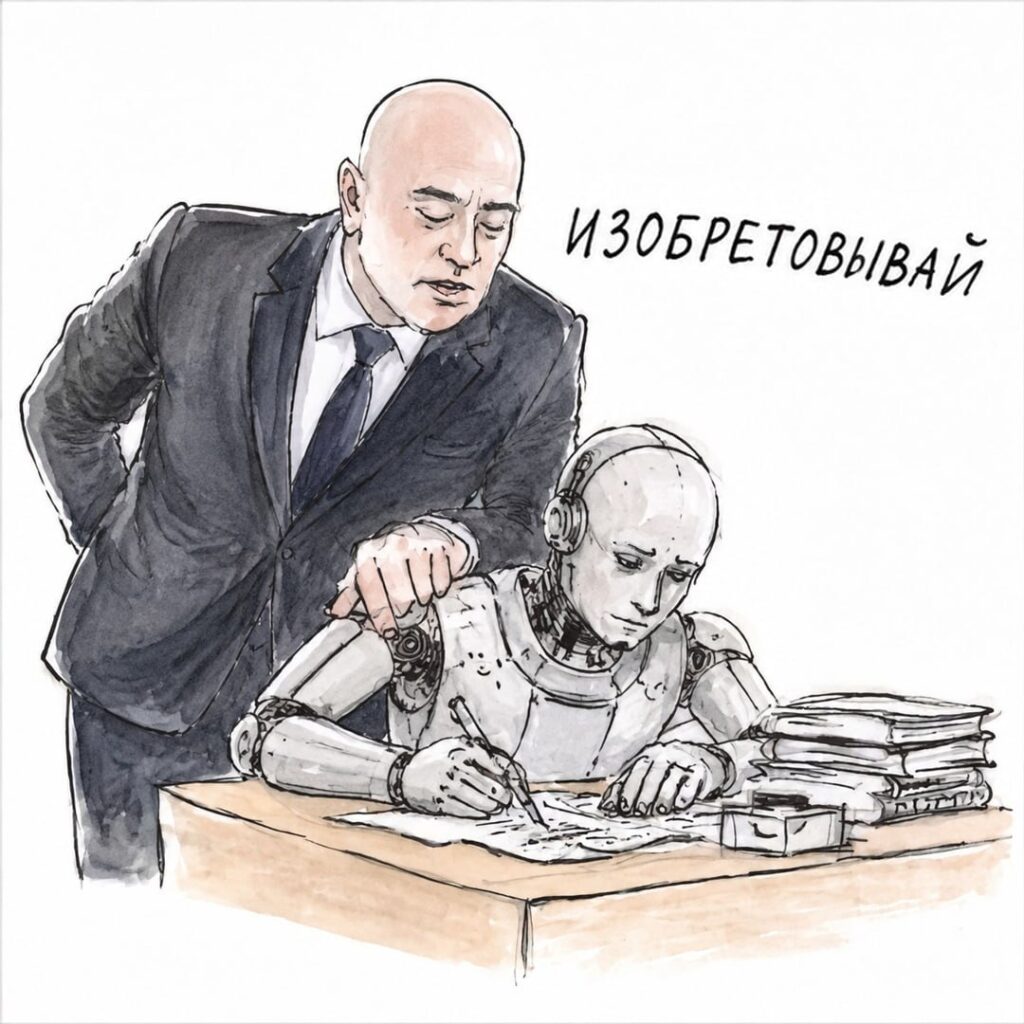 Иллюстрация Джеффа Безоса, работающего с искусственным интеллектом для создания звездолетов и ремонта носок.