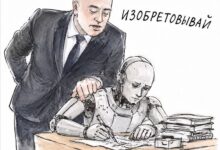 Иллюстрация Джеффа Безоса, работающего с искусственным интеллектом для создания звездолетов и ремонта носок.