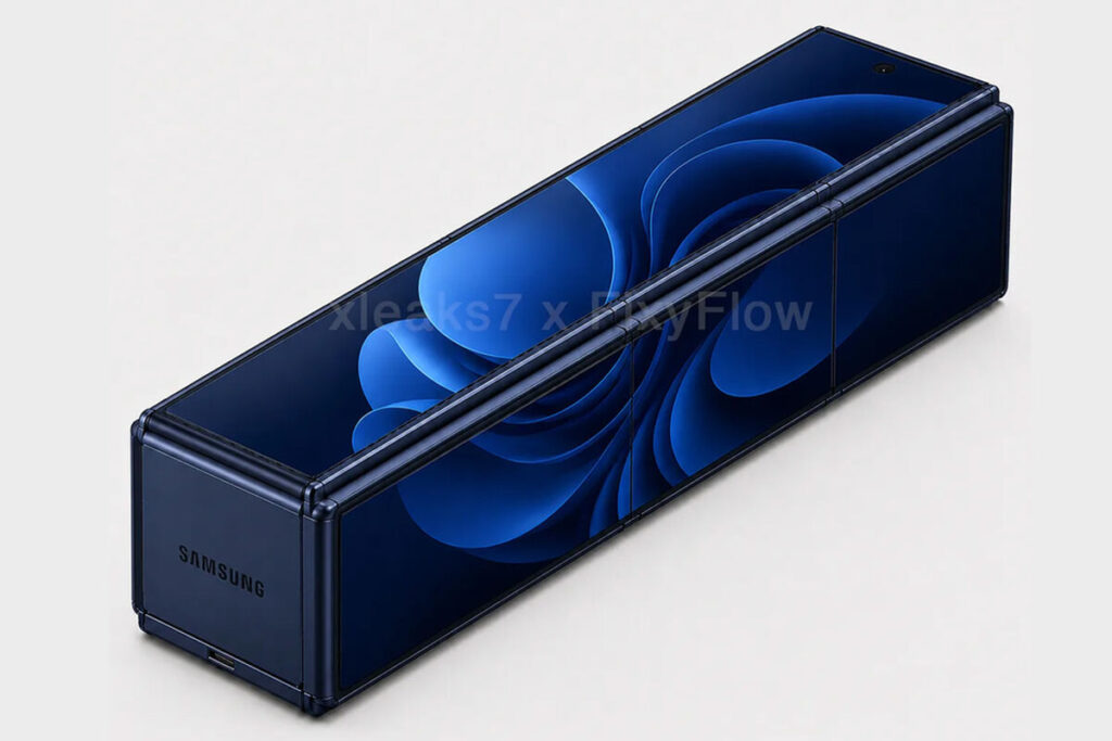 A foldable Samsung smartphone that showcases its unique ability to fold and unfold.