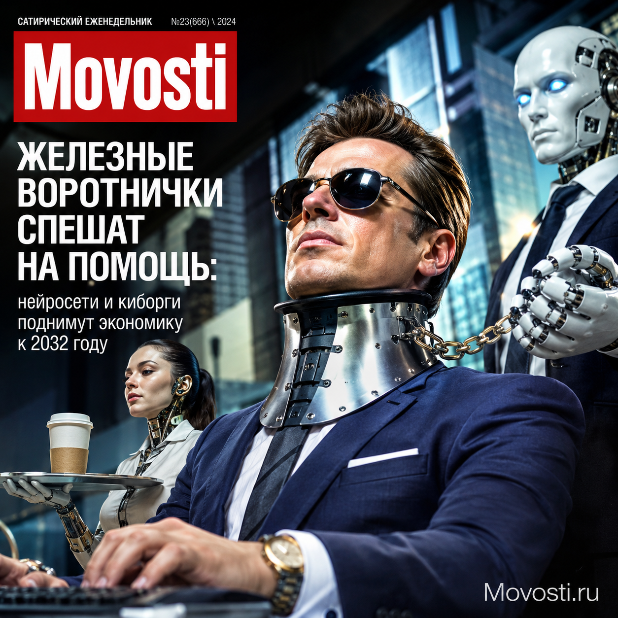 Иллюстрация нейросетей и киборгов, работающих вместе для улучшения экономики