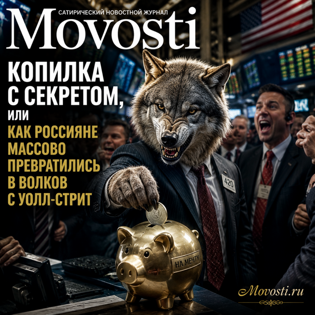 Иллюстрация копилки с изображением волков на фоне Уолл-стрит