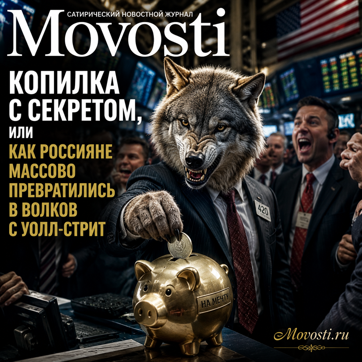 Иллюстрация копилки с изображением волков на фоне Уолл-стрит