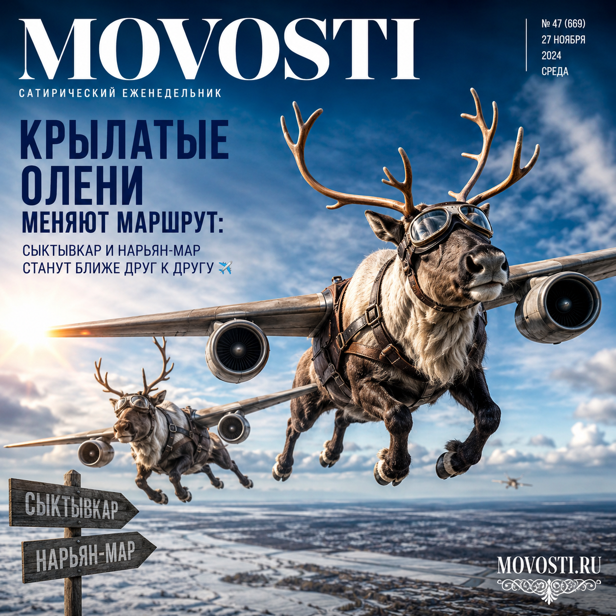 Изображение крылатых оленей, символизирующих новый маршрут между Сыктывкаром и Нарьян-Маром
