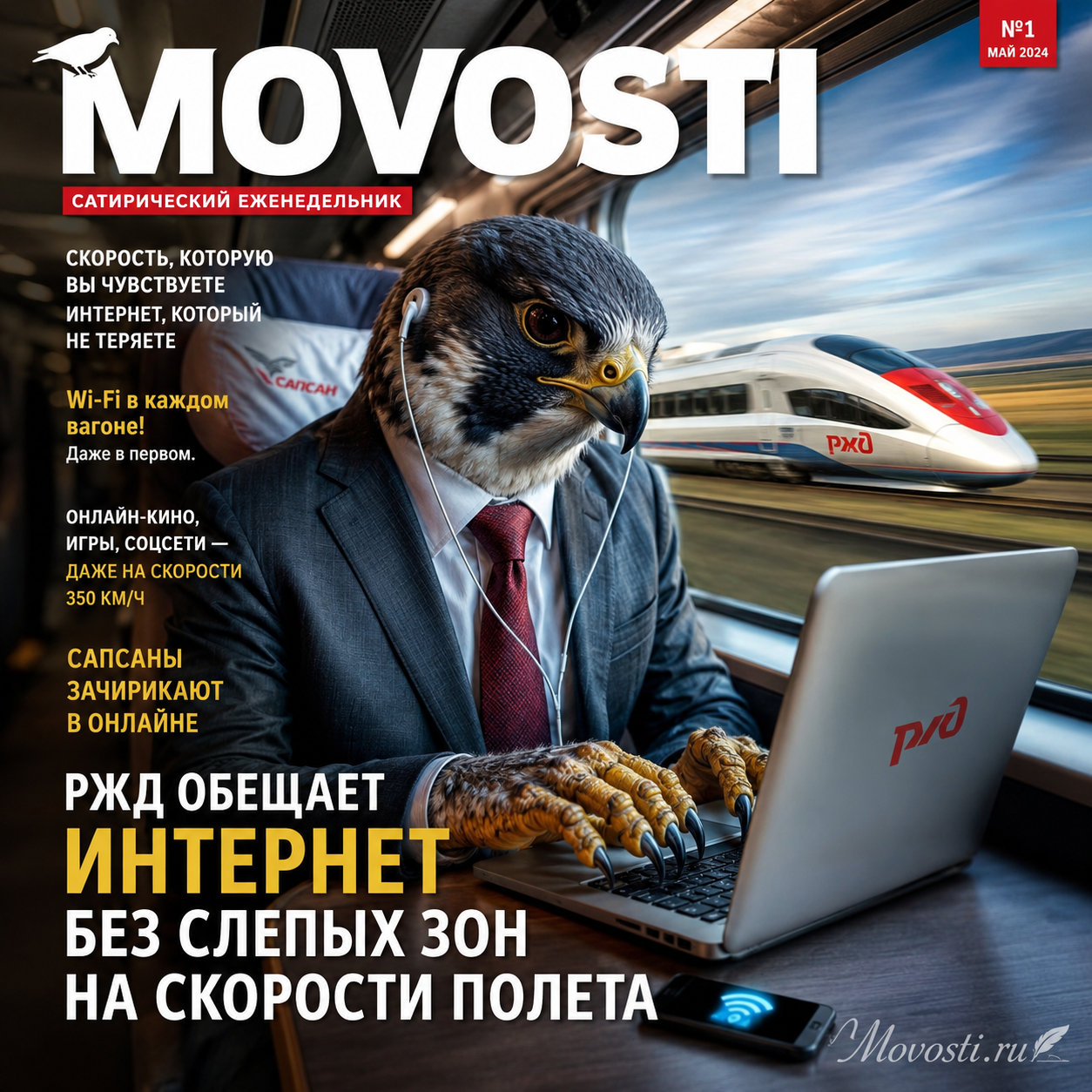 Сапсан на фоне современного интерьера вагона с доступом к интернету