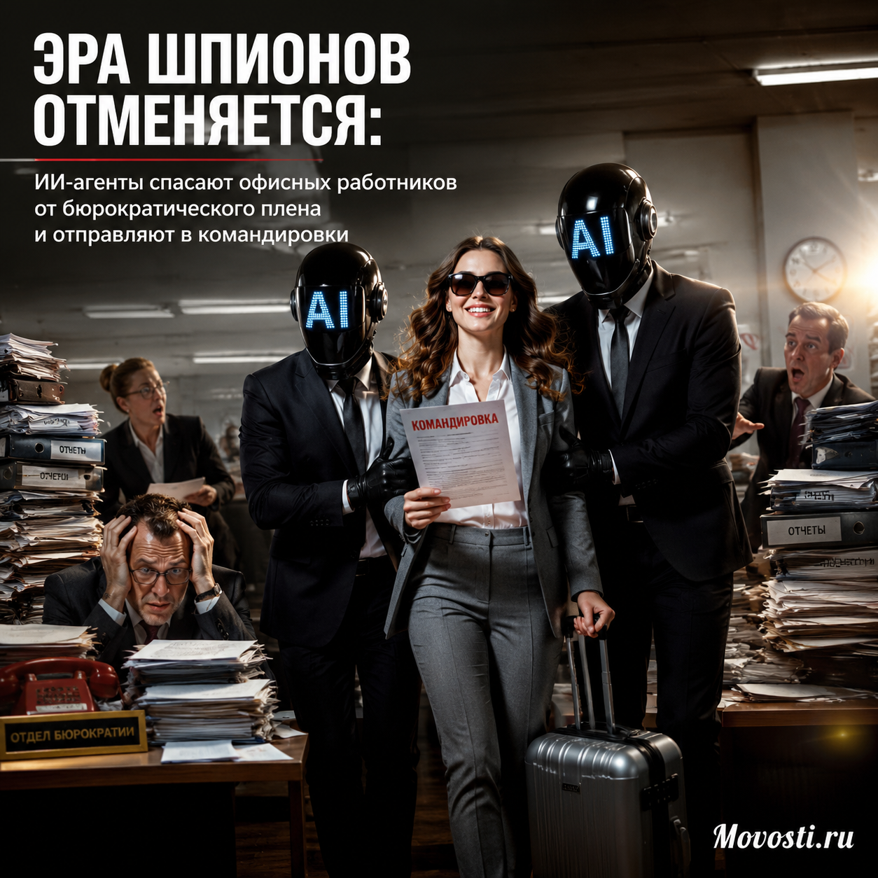 Иллюстрация ИИ-агентов, помогающих офисным работникам.