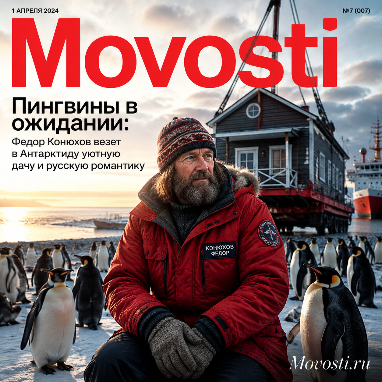 Пингвины на фоне уютной дачи, которую привозит Федор Конюхов в Антарктиду