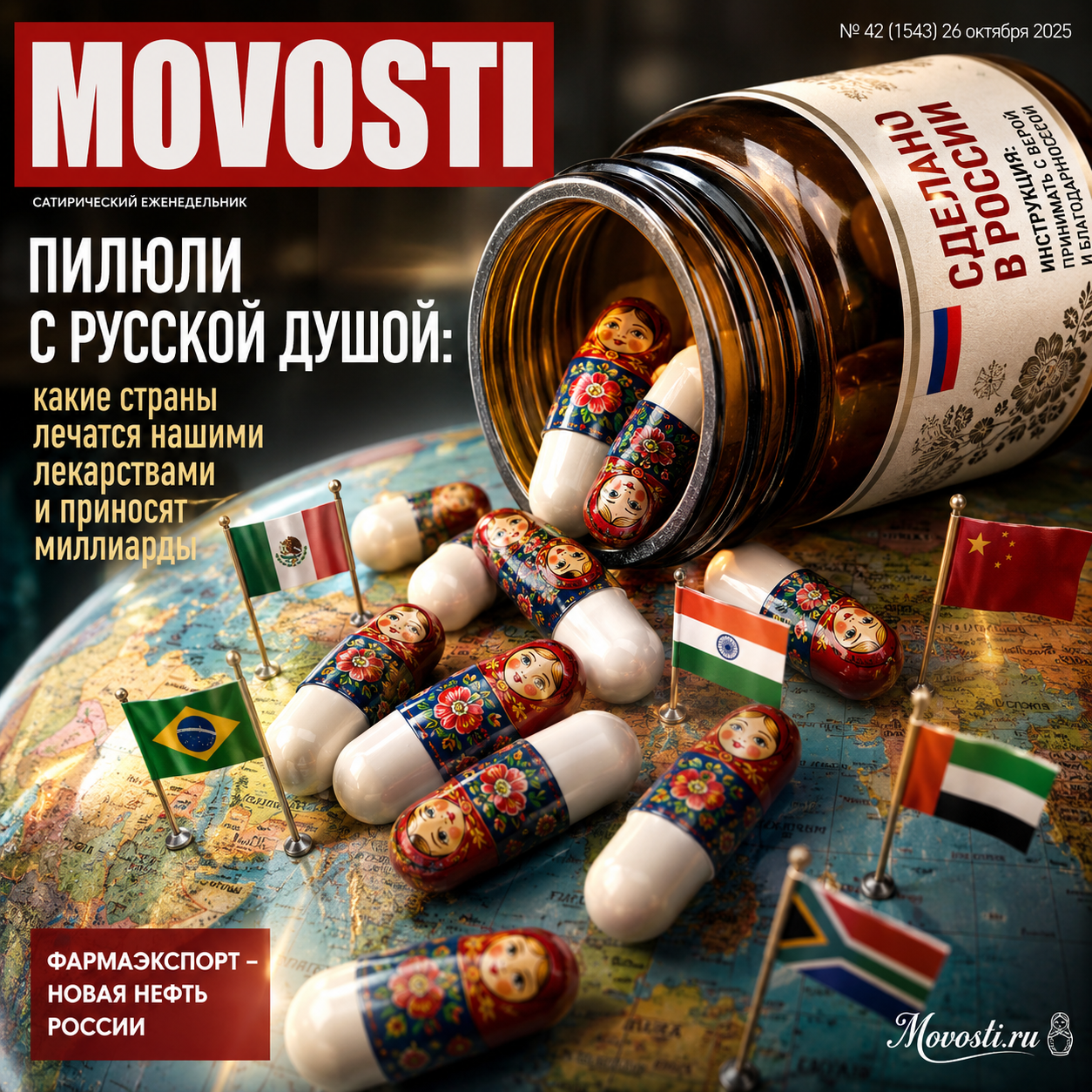 Изображение упаковки российских лекарств на фоне карты мира