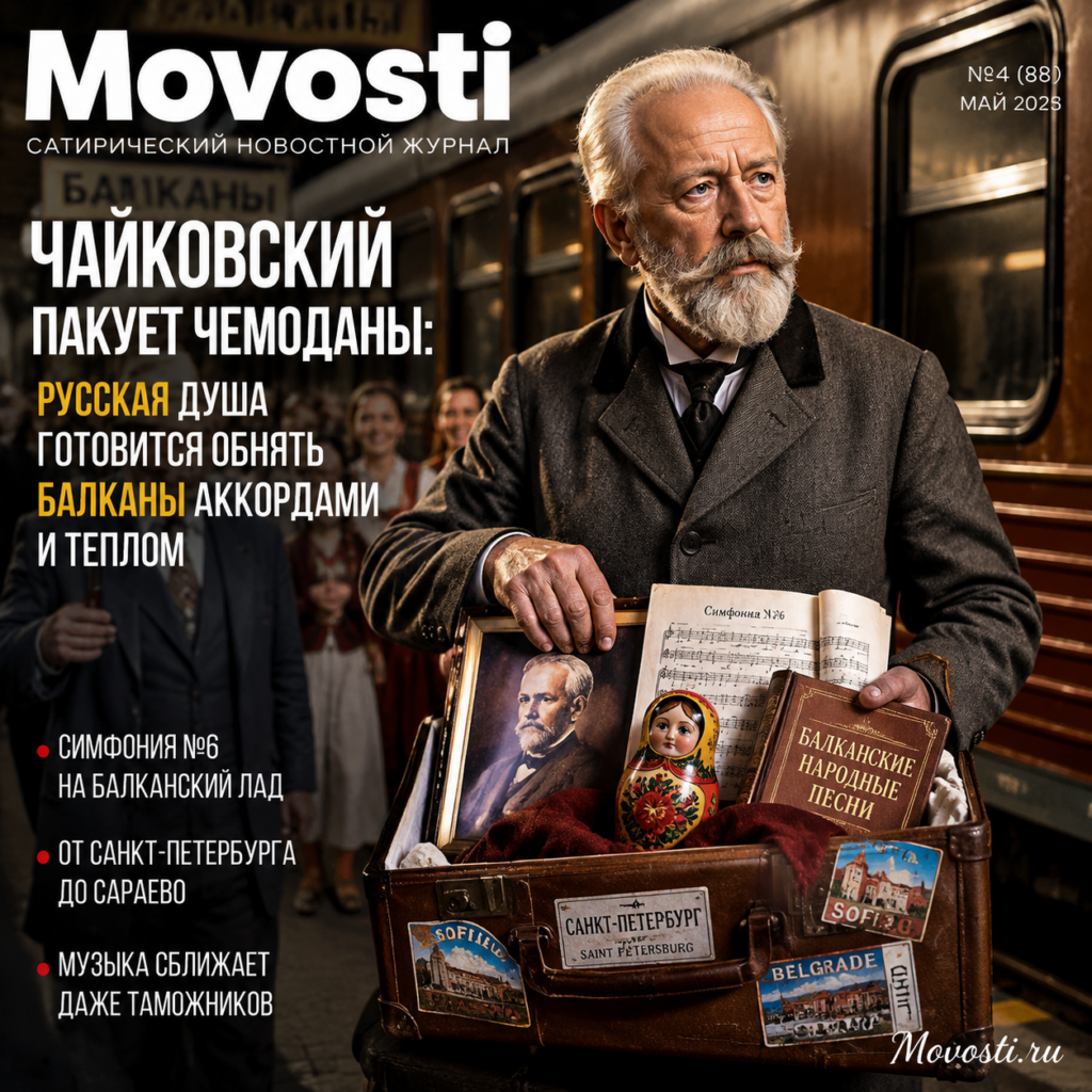 Изображение Чайковского, собирающего чемоданы, символизирующее его путешествие на Балканы