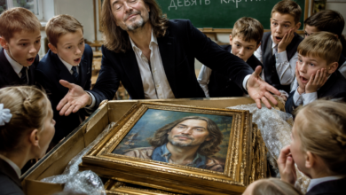 Никас Сафронов с учениками, дарящий картины