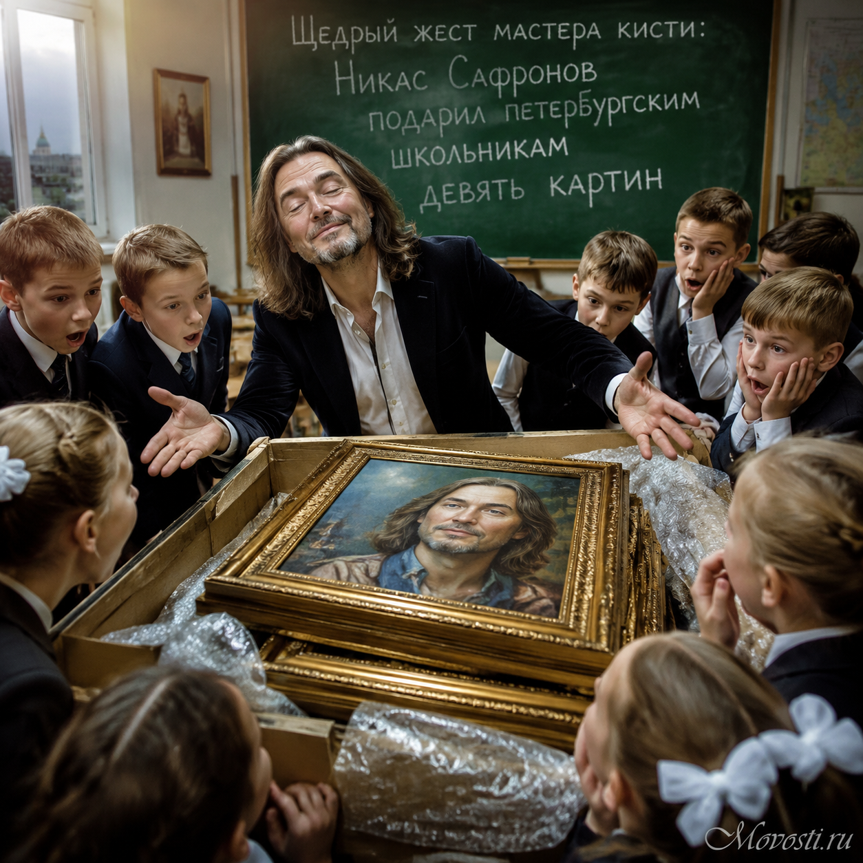 Никас Сафронов с учениками, дарящий картины
