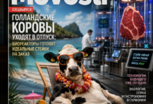 Голландские коровы на ферме, отдыхающие в тени деревьев, рядом с биореакторами, готовящими стейки.