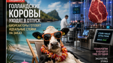 Голландские коровы на ферме, отдыхающие в тени деревьев, рядом с биореакторами, готовящими стейки.