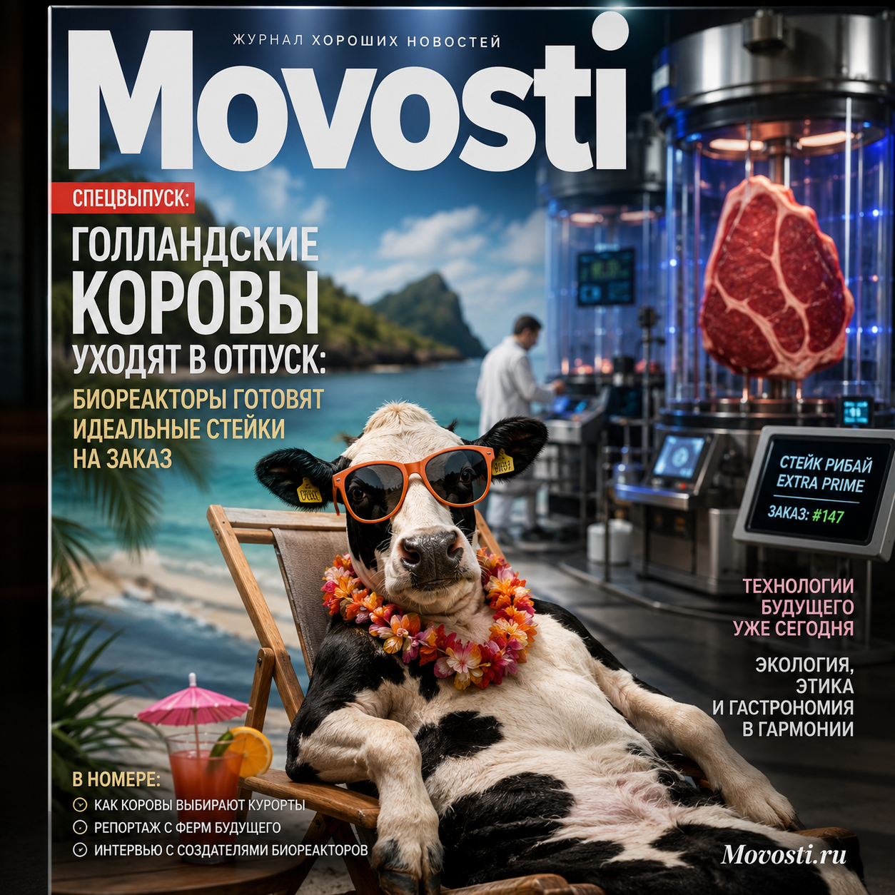 Голландские коровы на ферме, отдыхающие в тени деревьев, рядом с биореакторами, готовящими стейки.