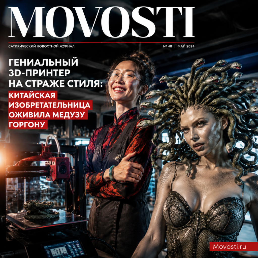 Китайская изобретательница с 3D-принтером, изображающим Медузу Горгону
