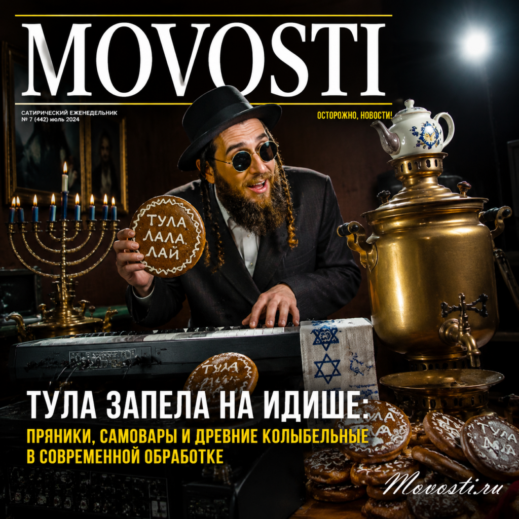 Изображение, иллюстрирующее культурные традиции Тулы, включая пряники, самовары и элементы еврейской музыки.