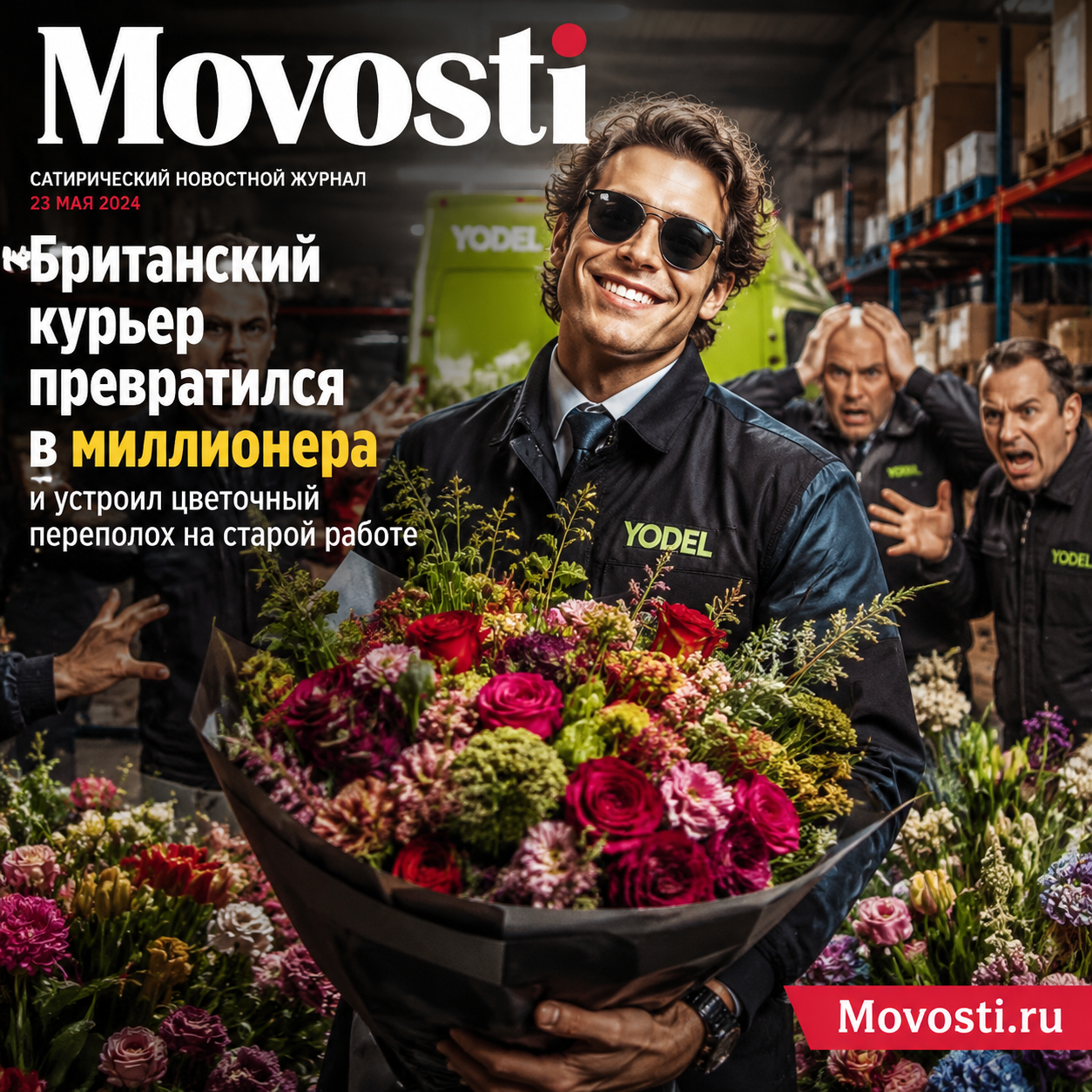Британский курьер, окруженный цветами, празднует свой успех
