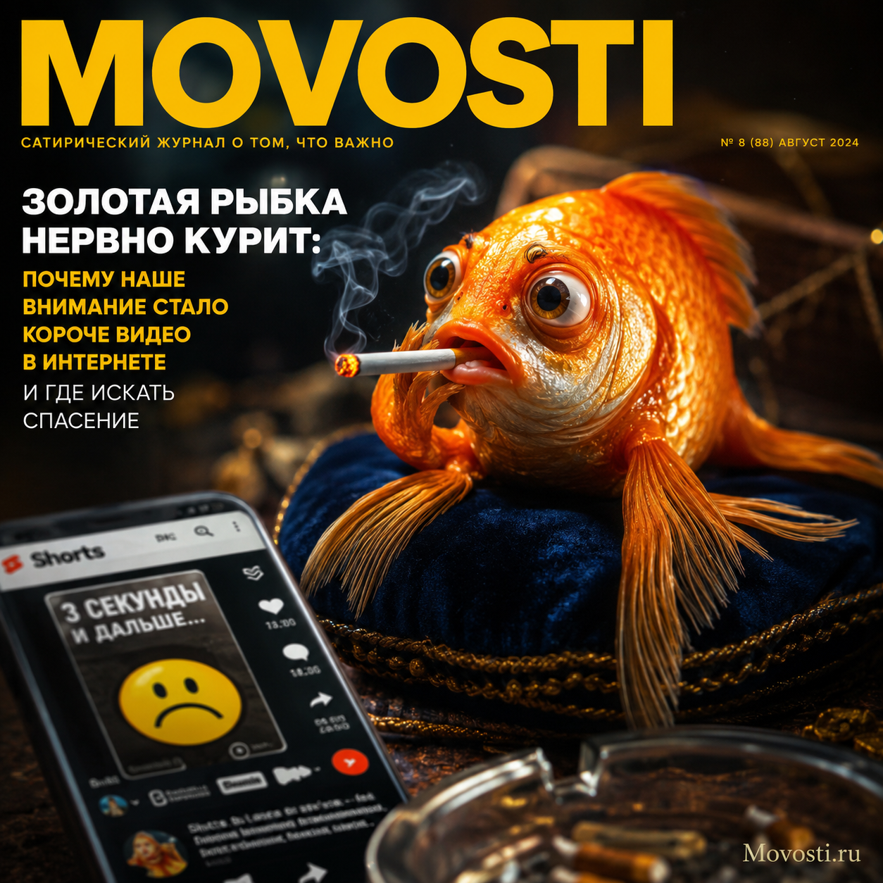 Иллюстрация золотой рыбки, курящей сигарету, символизирующая короткое внимание пользователей интернета.