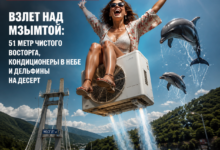 Панорамный вид на реку Мзымта с высоты 51 метра, где кондиционеры в небе и дельфины внизу.