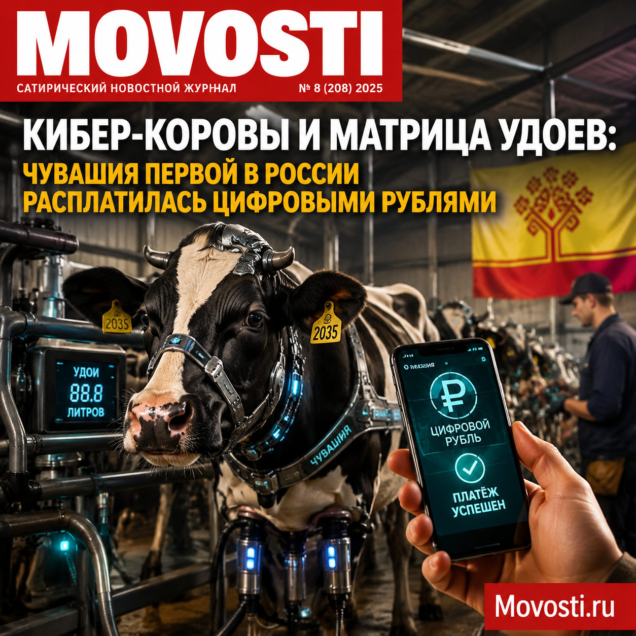 Иллюстрация кибер-коров и цифровых рублей в Чувашии