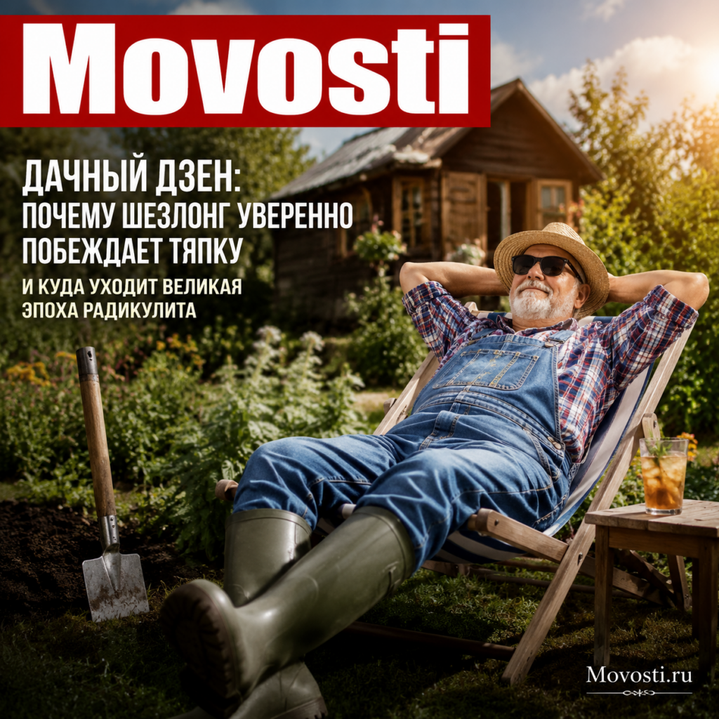 Шезлонг на фоне дачного пейзажа